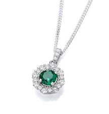 Sterling Silver 925 simulated EMERALD & CZ Cluster Pendant Necklace 16 18 20"