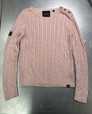 Superdry Pink Cable Knit Jumper Womens M Crew Neck Button Shoulder Knitwear Warm