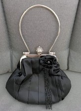 Farfalla Black Satin Vintage Purse Clutch Bag With Diamonte Clasp and Black Bead