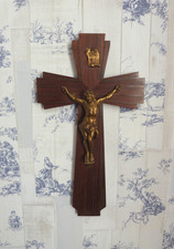 LARGE VINTAGE FRENCH INLAID WOODEN  CRUCIFIX .