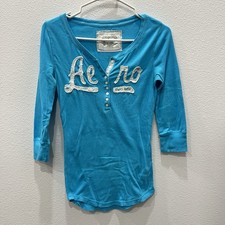 Aeropostale Vtg Y2K Women's Aqua Spell Out Henley Top Bella Swan Elena Gilbert M