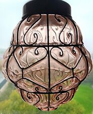 Vintage Hand-blown Murano Pink Glass Caged Hanging Pendant Lamp Light  ~ VGC
