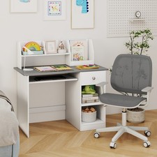 Wooden Writing Table Kids Study Desk with Upper Shelves-Grey