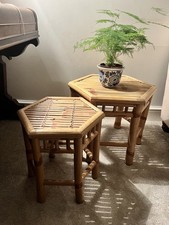 Vintage Hexagonal Bohemian Bamboo Cane Boho Set of 2 Nesting Tables Mid Century