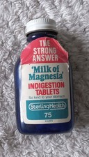 Milk of Magnesia pill bottle,(empty),dark blue not bad condition,9 cm tall.