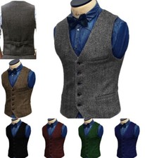 Casual Mens Tweed Vest V-Neck Herringbone Waistcoats Vintage Wedding Retro Wool