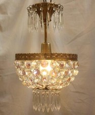 VINTAGE FRENCH CHANDELIER BRASS  & GLASS BAG CEILING LIGHT WITH ICICLES (MC4)