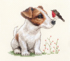 JACK RUSSELL TERRIER dog, puppy + ROBIN, Full counted cross stitch kit Christmas
