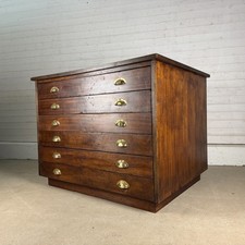 Large Vintage Hardwood and Veneer 6 Drawer Plan Chest with Brass Pulls