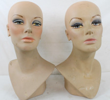 2 Vintage Fiberglass Mannequin Head Wig Painted Eyes Halloween Bust Eyelashes