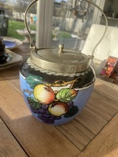 Vintage Ceramic Biscuit Barrel Jar Hand Painted Fruit Design Made in Engand