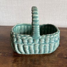 Vintage Green Basket Ceramic Planter Indoor Plant Pot Houseplant Mid Century