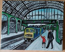 Original Northern Art Oil Painting Phil Lewis 8" X 10" TRAIN SPOTTING GRANDAD