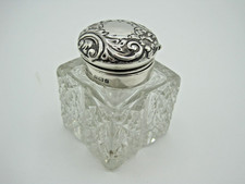ANTIQUE STERLING SILVER TOPPED CUT GLASS INKWELL STAR CUT BASE. BIRMINGHAM 1905.