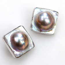 Vtg Modernist Sterling Silver Mabe Pearl Clip-On Earrings Lucas Lameth LUC 925
