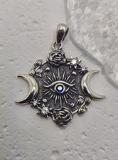 Evil Eye of Horus Triple Moon Goddess 925 Sterling Silver Amulet Pendant Wiccan