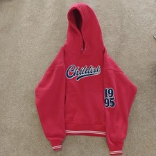 Mens' stunning "Childish" red hoodie navy/white script - Small -  good condition