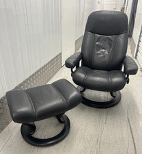 Ekornes Stressless Small Size Consul Recliner Black Leather Chair + Footstool