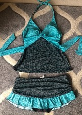 24 & Ocean turquoise/chocolate polka dot Tankin skirt swimsuit size M