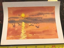 Painting R Gubb Original Not Print Small Watercolour Not Signed Red Sky Birds