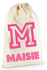 Personalised Boy Girls Initial Cotton Canvas Drawstring Bag PE School Party Bags