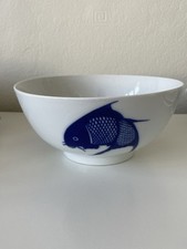 Large Japanese Bowl with a painted Blue Koi fish motif ,Porcelain ,Vintage.