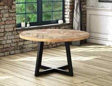 Round Solid Mango Wood Dining Table, Herringbone Design - 140cms with Metal Legs
