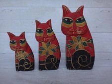 Set of 3 Vintage Laurel Burch Style Cats Wooden Hand Carved & Painted Folk Art