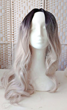 (WIGa-7) -beautiful 28" long silvery blonde /platinum wavy wig with dark roots
