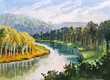 Vintage Painting River Esk Cumbria Dumfries Galloway Scotland - Victor Papworth