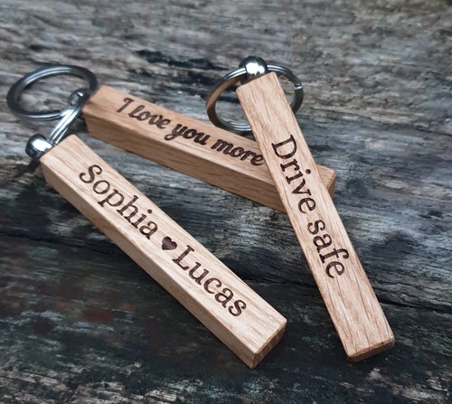 Engraved solid oak bar keyring - oak,
