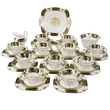 Tuscan China, 11 Place Tea Set, Black, Gilded, Exotic Bird