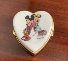RARE Vintage DISNEY Heart Shaped  Enamel Gold Colour Pill Box Mickey & Minnie 