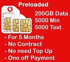 Vodafone preloaded sim card, 200 GB data. 5000 Min & text , for 5 months
