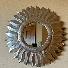 16" ROUND PRESSED, CUT TIN SUNFLOWER MIRROR SUN FOLK ART WALL DECOR MEXICO