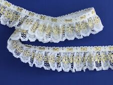 Pretty White and Gold Gathered Lace Trim + Header 1.5”/4cm PER METRE