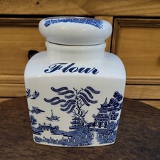 vintage large ceramic flour canister / biscuit canister blue Willow by regal 