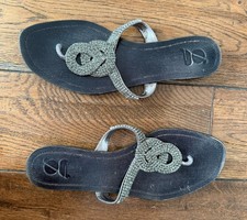 Ladies Italian Holiday Grey Silver Crystals Leather Flip Flops Sandals Size 6