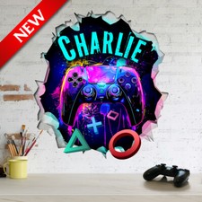 PERSONALISED 3D CRACKED WALL EFFECT GAMER ROOM WALL ART STICKER