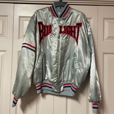Bud Light Machines silver satin bomber truck driver jacket quilted vintage Sz XL