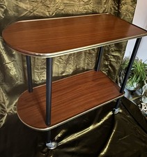 Vintage Wooden Shelves On Wheels Bar Cart Mid Century Trolley Hostess Tea Drinks