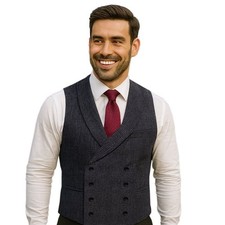Charcoal Wool Waistcoat Mens Double Breasted Shawl 8 Button Overcheck Tailored