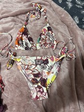 Ladies NEXT White Pink Orange Triangle String Tie Bikini Set Size 10 Fits 10 12