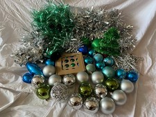 Large Bundle of Green Blue and Silver Shatterproof Christmas tree ornaments