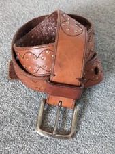 Leather Studded Belt M Womens 32-36" Tooled Stitched Stud Tan Brown Y2K Western 