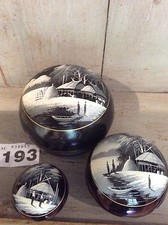 SET OF THREE HAND PAINTED  PAPER MACHE POTS WITH LIDS. BLACK WITH White Oriental