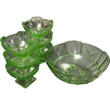 Set of 6 Unbranded Green Glass Dessert Bowls with Serving Bowl 8185
