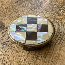 Vintage Mother of Pearl Inlaid Brass Trinket / Pill Box – Checkerboard Design