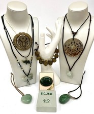 Vintage Carved Jade Jewellery Set, 9x Necklaces, Bracelets, Pendants & a Brooch