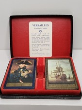 Vintage French Printed Linen Set Of playing cards. With faux leather lined case.